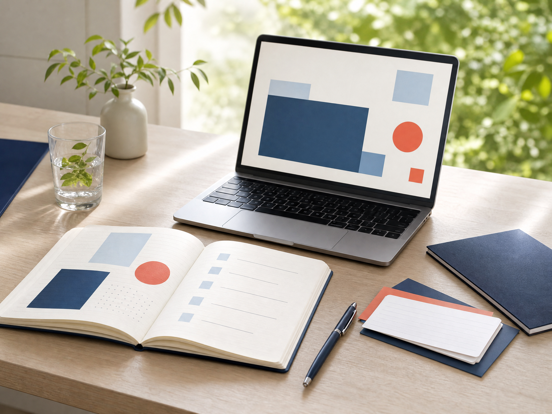 AIを業務に取り入れるための学びを表す、ノートとPCのイメージ